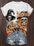 Women's Halloween Skull Print Round Neck T-Shirt