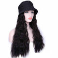 Fashionholla 24inch Black Bucket Hat with Wave Hair Cap Wig